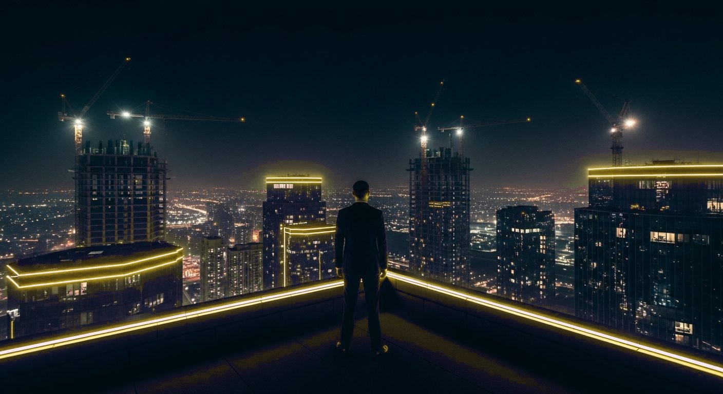 A lone operator over a night skyline of construction cranes